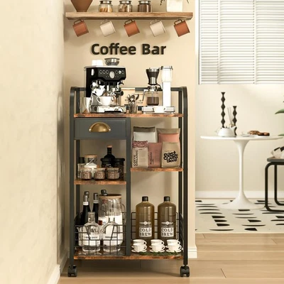 Carro de café con cajón de almacenamiento, gabinete de barra de café con ruedas, ajuste de 4 niveles... Foto 1 de 4