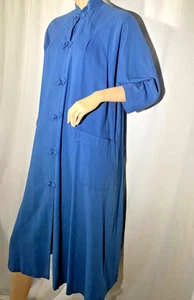 Vintage Morgenmantel 50er Staubtuch Mandarin Frosch Knopf Seide Noil 3/4 Arm Japan Blau M - Bild 1 von 12
