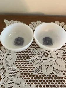 2 Anchor Hocking Fire King Milk Glass Bowls W/ Blue Currier & Ives Pattern - Picture 1 of 6
