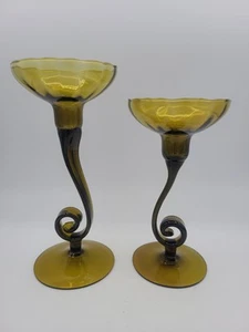 Vintage MCM Olive Green Optic Swirl Stem Empoli Italy Art Glass Candlesticks - Picture 1 of 7