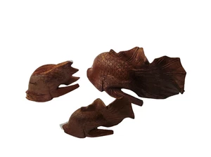 3er Set Vintage handgeschnitzte Holz Fisch Figuren Teak Dekor Skulptur gebeizt - Bild 1 von 22