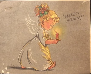 Vintage Weihnachtsgrußkarte süßer blonder Engel trägt rote Kerze Hallo wieder! - Bild 1 von 3