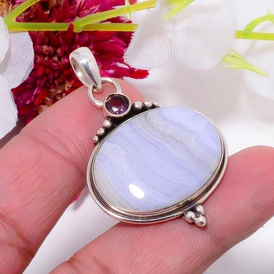 Ágata de encaje azul - Namibia y amatista púrpura colgante de plata de ley 925 1,76" S7 Foto 1 de 4