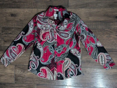 Top Chico's para mujer talla 1 mediano sin hierro rojo tostado cachemira con botones cuello en V cuello Foto 1 de 4