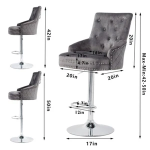 360° Swivel Grey Velvet Bar Stool Gas Lift w/Lion Head Door Knocker &Tufted Back - Picture 1 of 20
