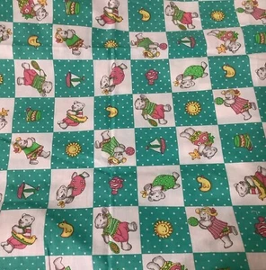 Playing Polar Bear Fabric ~White Turquoise Patch Squares Concord Kesslers 1 Yard - Picture 1 of 5