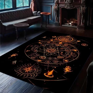 Rectangular Rug with Mystical Alchemy Circle Pattern in Vivid Orange on Black - Picture 1 of 8