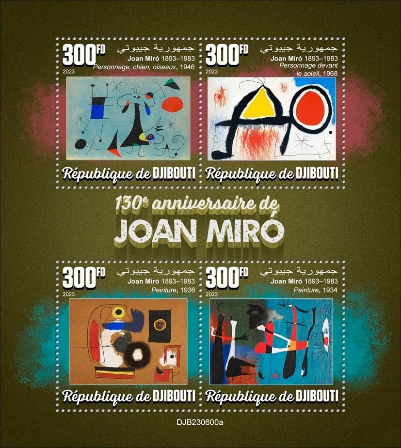 Joan Miró 130 Aniversario Pinturas Arte MNH Estampillas 2023 Djibouti M/S Foto 1 de 1
