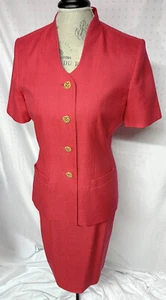 Vintage Kasper Womens Red 2 Piece Skirt Suit Sz 8 Pencil Skirt Gold Buttons +🎁 - Picture 1 of 19