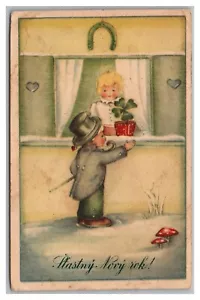 Postal Año Nuevo Stastny Novy Rok Checo Niño Niña Trébol 4 Hojas Años 20 L24 - Imagen 1 de 2