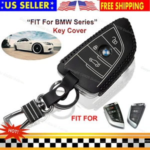 Genuine Leather Car Fob Cover Holder Hook Protector Case Fit for BMW Smart Key - Foto 1 di 6