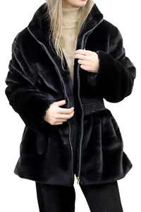 La Fiorentina Plüsch Kunstfell Cinched Waist Jacke - Schwarz - Bild 1 von 4