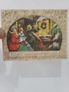 1920 Vintage Biglietto di Natale Ruggine Artigianale Boston Albero Corona Carollers Colore Neve - Foto 1 di 7