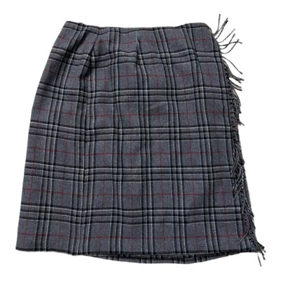 Falda envolvente para mujer Sag Harbor gris mezcla de lana a cuadros talla 16 flecos hasta la rodilla Foto 1 de 4