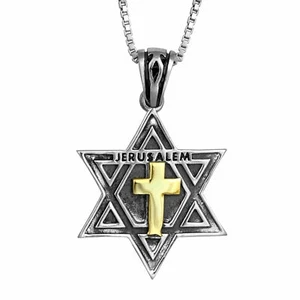 Messianic pendant Star of David with a Cross Gold 9K Sterling Silver - Picture 1 of 3