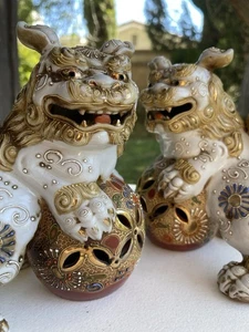 Vintage Japanese Kutani Ceramic 7" Shisa Guardian Lion Foo Dog Figurine 2 pc - Picture 1 of 23