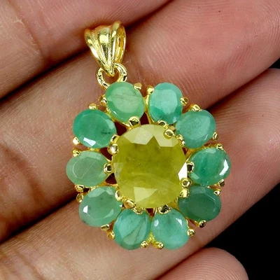925 Sterling Silver Pendant Oval Yellow Sapphire 9x7mm Emerald Gemstone Jewelry - Image 1 of 4