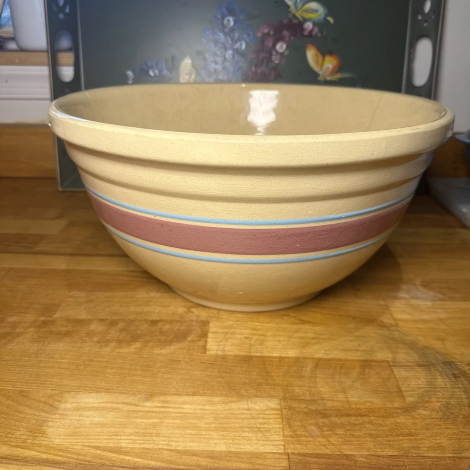 Tigela de pão vintage Watt Ware misturada 14 listras azuis rosa amarelo GG mercadoria amarela - Imagem 1 de 4