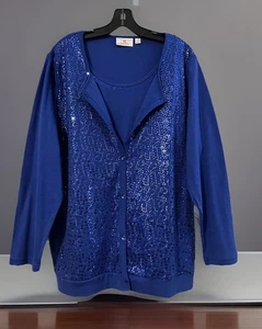 Cárdigan en capas Quacker Factory para mujer 1X azul brillante lentejuelas tejido L/S vacaciones - Imagen 1 de 17