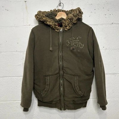 Jaqueta com capuz vintage Y2K Hollister pele sintética forrada xadrez pesada zíper completo “Olive” - Imagem 1 de 4