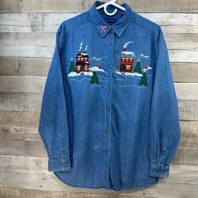 Camisa vaquera Karen Scott vintage para mujer XL casas de Navidad bastón de caramelo bordado Foto 1 de 4