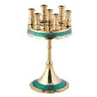 Small High Polished Brass Candelabra Seven Candle Holder with Blue Enamel 
