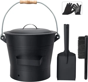 Ash Bucket with Lid, 2.6 Gallon Fireplace Ash Bucket with Shovel & Hand Broom, M - Picture 1 of 12