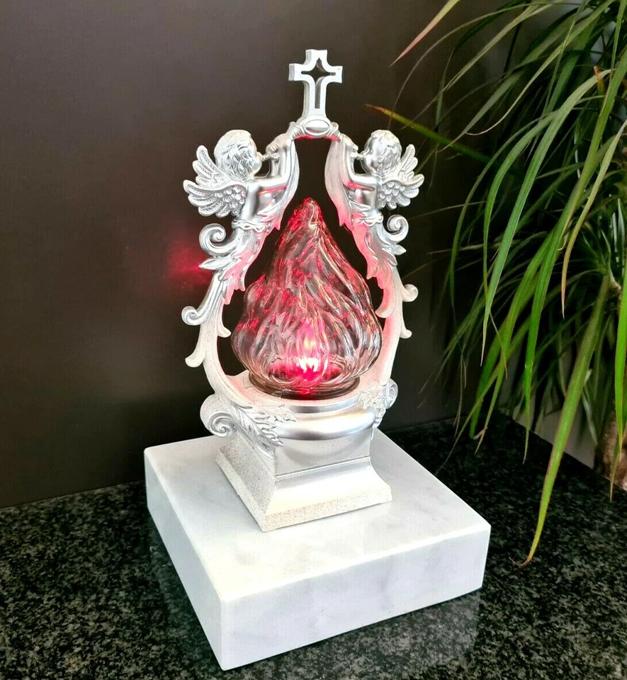 Grablaterne Grablampe Lampe Grableuchte Grablicht Weiß -Silber Engel  - Bild 1 von 1