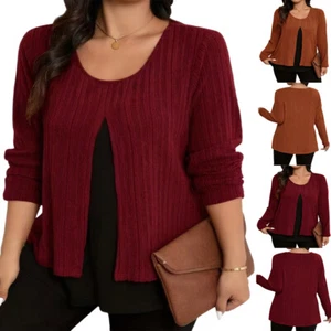 Plus Size Womens Round Neck Knitted Pullover Long Sleeve T-shirts Casual Blouse - Picture 1 of 16