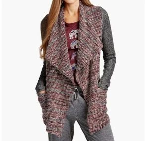 LUCKY BRAND Women’s Cardigan Sweater Small S Wool Blend Open Waterfall Red Grey - Picture 1 of 7
