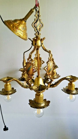 ANTIQUE Art Deco POLYCROME CHANDLIER CIRCA 1920'S BLUE& RED ACCENTS ! REWIRED Cover