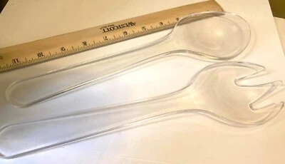 Vintage Clear Lucite Acrylic Salad Serving Set Spoon & Fork  11" L - Image 1 of 4