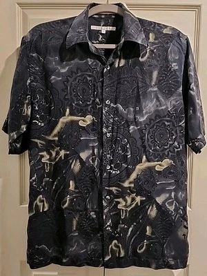 Perry Ellis Men’s 100% Silk Shirt Sz Med Blue Gray Tropical Short Sleeve Buttons - Image 1 of 4