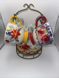 The Pioneer Woman Floral Medley Metal Holder Cups Dessert Plates 9 pc Set - Picture 1 of 17