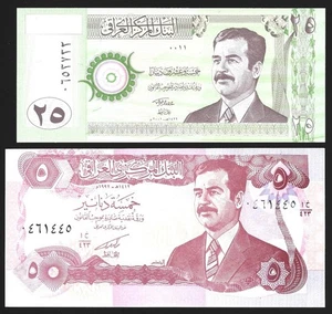 Iraq Saddam Hussein 5 Dinars 1992-93 Pick 80 and 25 Dinars 2001-02 Pick 86 - Picture 1 of 2