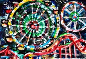 ACEO Original Painting CARNIVAL RIDE Fair Ocean City People SUMMER Night Fun ART - Picture 1 of 1