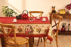 Weihnachtstischdecke - bedruckt in rot und creme mit Weihnachtsmann, Ornamenten Stern - Bild 1 von 9
