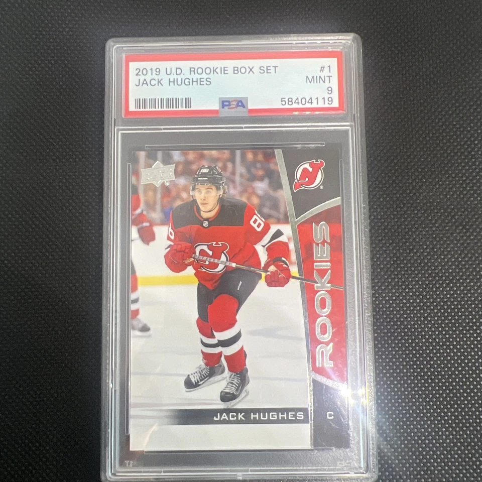 2019-20 Upper Deck Rookie Box Set Jack Hughes #1 PSA 9 MT Rookie RC - Image 1 of 2