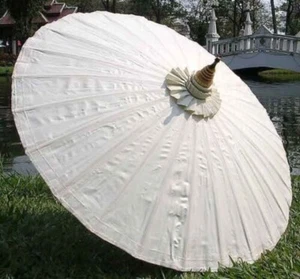 34" White Thai Umbrella Parasol Bamboo Frame Handmade Hand-Painted Wedding Party - Picture 1 of 7