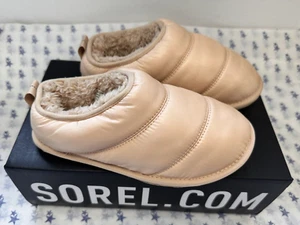 NEW! Sorel UK3 Eur36 US5 natural tan Hadley faux fur lined 'puffy' slippers - Picture 1 of 14