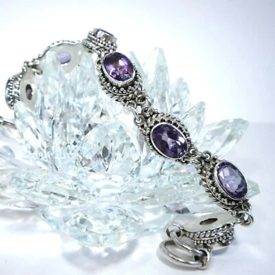 Suarti BA Indonesia Bali 925 Sterling Silver & Amethyst  Toggle Bracelet 8.5" - Image 1 of 4