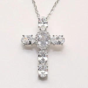 Neu Kreuz glänzend weiß Topas Edelstein Vintage silber Frauen Mädchen Halskette Anhänger - Bild 1 von 6