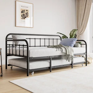 Black Metal Twin Size Daybed Frame Heavy Duty Steel Slat Support Sofa Bed - Picture 1 of 11