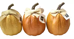 Young's Resin Pumpkins W/Burlap Bow Figurines, 3 Ast. Pieces, Brand New - Picture 1 of 1