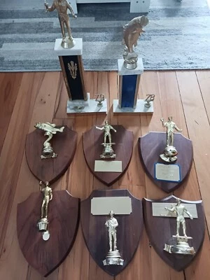 fishing trophy award Lot Of 8, Swimming Fish, Marble Base, Wood Plaque, 1 Soccer - Image 1 of 4