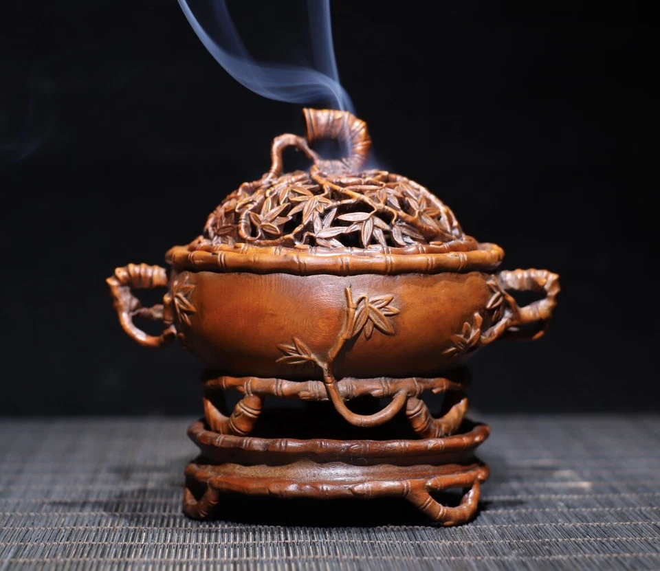 Queimador de incenso de madeira antiga porcelana rara 10,5 cm queimador de incenso de buxo natural - Imagem 1 de 4