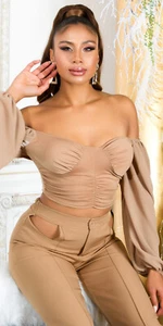 Chic Off Shoulder Crop Blusen Langarm Top mit Raffung - Bild 1 von 22