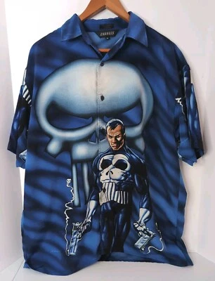 Vintage Punisher Shirt Men M Blue Graphic All Over Print Button Up Y2K Changes - Image 1 of 4