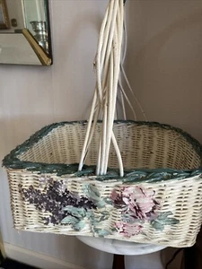 Vintage White Wicker Decoupaged Basket 18”x 15” Wide 14” - Picture 1 of 10