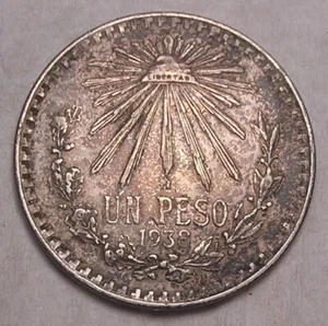 1938 Mexico One Peso, Toned, Strong "Libertad" on Cap, .720 fine Silver - Picture 1 of 2